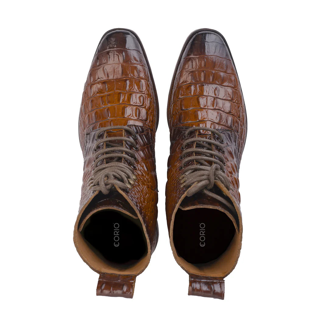 Handcrafted Brown Crocodile-Embossed Leather Lace-Up Boots – Luxury Exotic Style Footwear