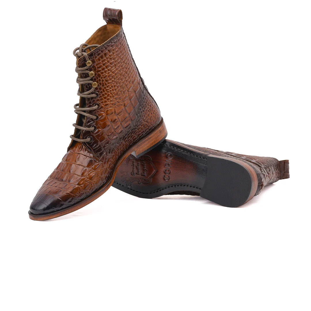 Handcrafted Brown Crocodile-Embossed Leather Lace-Up Boots – Luxury Exotic Style Footwear