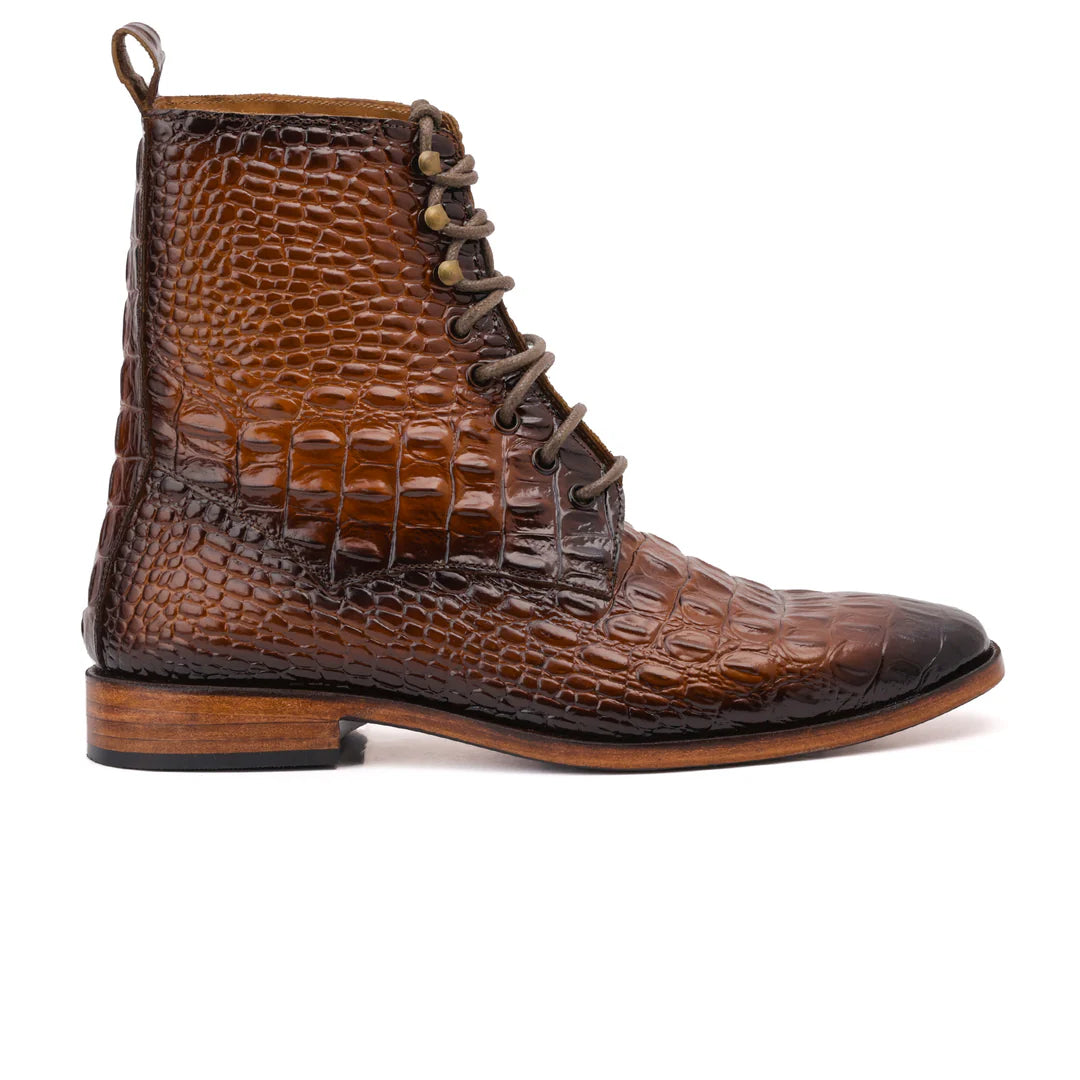 Handcrafted Brown Crocodile-Embossed Leather Lace-Up Boots – Luxury Exotic Style Footwear