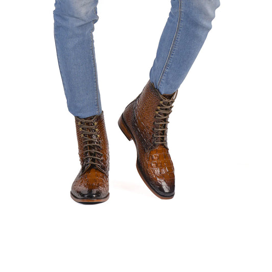 Handcrafted Brown Crocodile-Embossed Leather Lace-Up Boots – Luxury Exotic Style Footwear