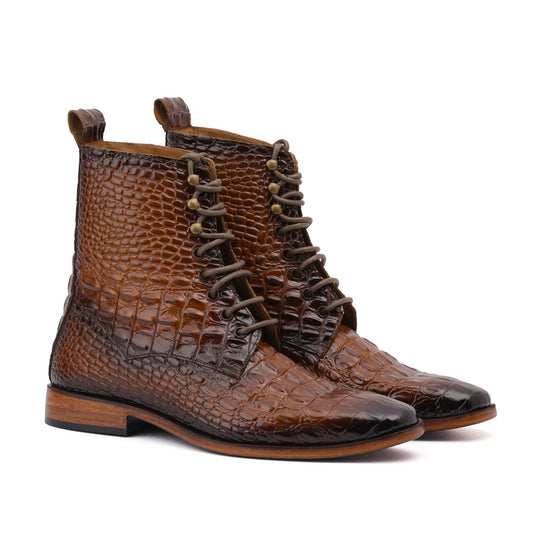 Handcrafted Brown Crocodile-Embossed Leather Lace-Up Boots – Luxury Exotic Style Footwear