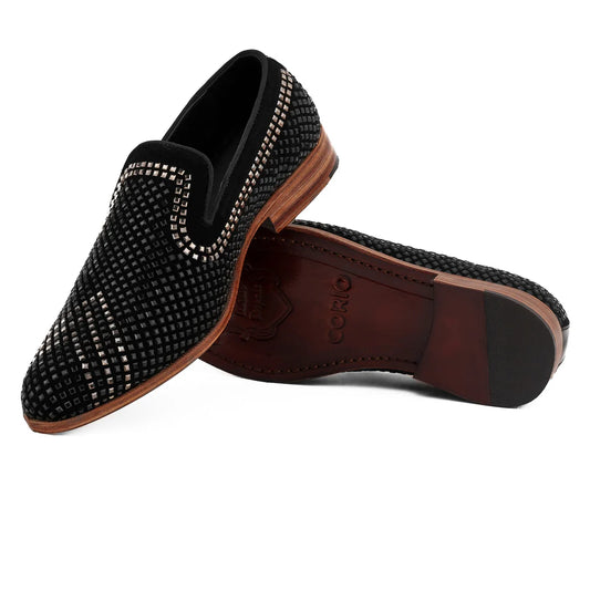 Handcrafted Black Leather Loafers with Studded Detailing – Luxury Formal Slip-Ons