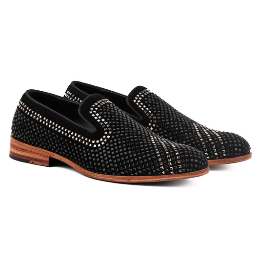 Handcrafted Black Leather Loafers with Studded Detailing – Luxury Formal Slip-Ons