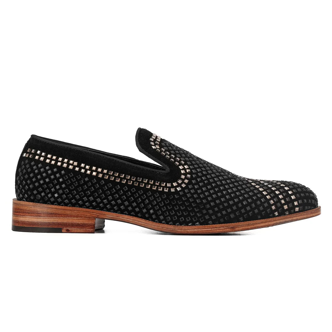 Handcrafted Black Leather Loafers with Studded Detailing – Luxury Formal Slip-Ons